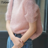 Oversize High Quality Summer 2021 Knitted O-neck Hollow Short Sleeve Pullover Solid Women Sweater Sexy Hot Pink