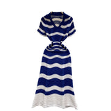 Luxury High-Striped Knitted Dress Women's Summer V-Neck Hollow Thin Airable Design Design Long