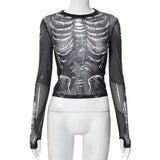 Cyber Y2k Skull Print Black Mesh Sheer Long Sleeve Top Gothic Clothes Women Street Style Graphic Tshirt