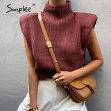 Casual high neck Sleeveless women's sweater vest With Shoulder Pads Knitted Pullover Fashion Autumn Winter jumper