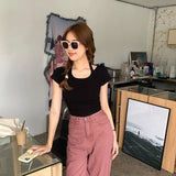 Desire Hot Girls Design Sense To Hang Neck U-Collar Short-Sleeved T-Shirt Summer New Style Waist Shows Slim All Kinds Of Short Style Blouse Trend-Outfit