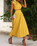 Women Ruffles Backless Crop Top & Maxi Skirt