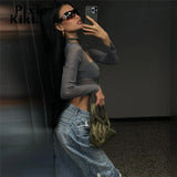 Asymmetric Square Neck Long Sleeved Tops Y2k Streetwear Hollow Out Mesh See Through Sexy T Shirts Women
