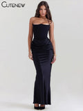 Elegant Black Maxi Dress Women's Sexy Lady Long Dresses Girls Sleeveless Robe Pleated Partywear High Streetwear New 2023-Outfit