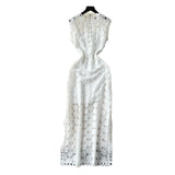 Light Luxury High-End Sleeveless Dress Female Summer Mesh Yarn Hollow Hook Open Fork Design Long