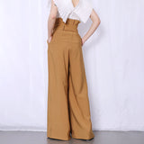 Casual Loose Women Full Length Pants High Waist Tunic Patchwork Ruffle Pleated Wide Leg Pant Female Clothes