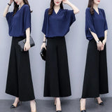 New Large-Size Women's Summer Two-Piece Sant Chiffon Broad Leg Trousers Casual Fashion Suit