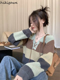 Striped Sweaters for Women V-neck Long Sleeve Jumper Pull Femme Y2k Tops Knitted Casual Cropped Pullovers Ropa