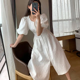 French Holiday White Dress Short Puff Sleeves Zipper Front A Line Slim Dress Vestidos Elegant Party Dress Summer