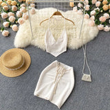 Solid Korean Style Women Set Summer 2022 V Neck Backless Drawstring Elegant Ladies Mini Skirt A Line Two Piece