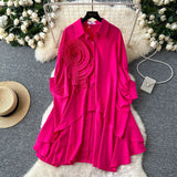 Version Of High-End Sense Polo Collar Shirt Women Autumn Three-Dimensional Flowers Loose Irregular Folding Tail Design