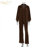 Causal Loose Home Suit Autumn Long Sleeve Blouse With High Wasit Pants Set Women Elegant Pleated Beige 2 Piece Pant