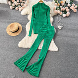 Solid Winter Slim Sweater Sets Female Stand Collar Long Pullover+Casual Wide Leg Pants Fashion Knit Two Pieces