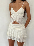 Vintage Women Lace Crop Camis Tops Sleeveless Spaghetti Strap Irregular Hem Tank V-neck Mesh See Through Summer Vest-Outfit