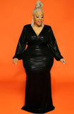 Plus Size Shiny V-neck Puff Sleeve Evening