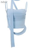 Y2k Streetwear Crop Tops Asymmetrical Ruched Backless Tank Top Baby Blue Camisole Summer Clothes for Womans