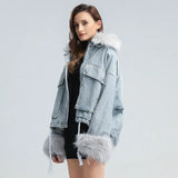 Patchwork Fur Collar Cotton Coat For Women Lapel Long Sleeve Loose Thick Denim Coats Female 2020 Winter New