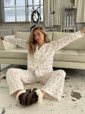 Women's Y2K 2Pcs Heart/Floral Print Pajamas Set Long Sleeve Lapel Button Up Shirt Tops+Sleepwear Pants Pjs Loungewear-Outfit