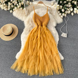 Irregular Mesh Strap Dress Women Sexy Sleeveless V Neck A-line Party Dress Summer Off Shoulder Vacation Beach