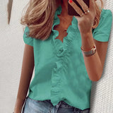 Boho Floral Print Slim Shirt Office Lady Retro Tops Women Casual Short Sleeve Sexy V-neck Ruffles Blouse 2022