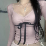 Girl Sexy Square Collar Tight Show Thin Color Lace Long-Sleeved T-Shirt 2023 Autumn Fold Waist Pure Desire Blouse-Outfit