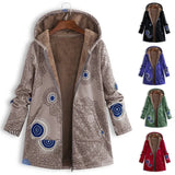 Winter Women's Vintage Printed Coats Warm Plus Size Loose Zipper Hooded Outerwears Casual Long Sleeve Female Wool