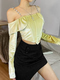 Velvet Gothic Sexy Off Shoulder T-shirts Grunge Elegant Long Sleeve Women Cropped Tops Backless Strap