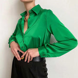 Solid Satin Shirt Elegant Polo Collar Office Lady Shirts 2022 Spring Summer Long Sleeve Top Female Fahsion Casual