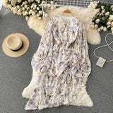Autumn Bohemian Women Floral Drawstring Irregular Dress Female Elegant O-Neck Puff Sleeve Ruffle Vestidos Elegant Draped