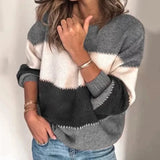 2021 autumn and winter new solid color stitching knit sweater top casual contrast color round neck sweater