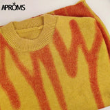 Aproms Elegant Green Striped Print Oversized Pullovers Women Winter O-Neck Loose Long Sweaters Streetwear Warm Outerwear