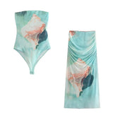 Summer New Women's Printed Silk Net Jumpsuit + High-Waisted Jersey Net Half-Length Skirt Suit-Outfit