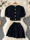 Korean Style Women Summer Two Piece Sets Single Breasted Solid Elastic Waist Mini Skirt Ladies A Line Casual Chic