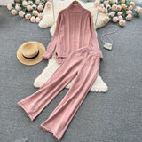 Women Casual Turtleneck Knit Two Pieces Suits Irregular Sweater+Rolled Wide Leg Midi Long Pant Solid Winter Warm