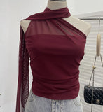 Shooting Mesh Ribbon Hanging Neck Folded Sleeveless Top Babes Two-Wearing Design Wrapping Bras