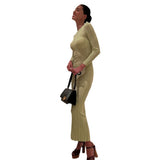 Toloer Sexy Elegant Dress Solid Color Long Sleeve Round Neck Wrap Hip Long Skirt Women's
