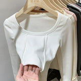 Spicy Fishbone Line Leads The German Velvet Bottomed Shirt And The Girl Wears A Slim And Short White Blouse In The Autumn And Winter Long-Sleeved T-Shirt-Outfit