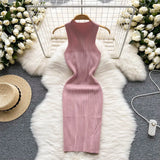 Backless Sexy Women Knitted Dress Summer 2022 Korean Style O Neck Slim Solid Sleeveless Ladies A Line Midi