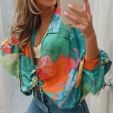 New Printed Lantern Long Sleeve Blouse 2022 Summer Fashion Casual Lapel Top Shirt Female Breathable Chiffon