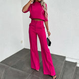 Women Korean Solid Short Tops Two Piece Sets Simple Round Neck Loose Straight Long Pants Set High Waist Ladies Autumn-Outfit