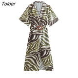 Women Vintage Short Sleeve Animal Striped Print Buckle Belt Midi Shirt Dress Female Chic Side Zipper Vestidos
