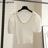 Sweaters 2023 Women Clothes V-neck Beading Pullover Fashion Korean Woman Puff Sleeve Sweater Elegant Tops Pull