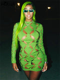 Summer Sexy Bodycon Hollow Out O Neck Dresses For Women 2022 Long Sleeve Dress Female Green Black Party Short Mini