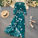 Sexy Chiffon Two Piece Set Women Autumn Bohemian Vacation Beach Short Tops And Ruffle Irregular Long Skirt Female Print Suit