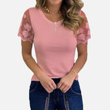Shirts for Women Casual Summer O Neck Short Sleeve Tops Lace Patchwork Design Slim Fit Pullovers Top 2021 Blusa