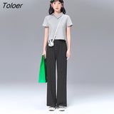 Women Pants 2022 Summer Long Middle Elastic Waist Loose Straight Trouser Solid Soft Cool Feeling Casual Basic