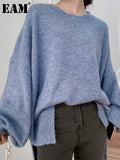 Blue Big Size Knitting Sweater Round Neck Long Lantern Sleeve Women Pullovers New Fashion Tide Autumn Winter 2022
