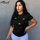 Loose Women Short Sleeve Pearl Beading Tshirt Ladies Tee Tops Summer Solid Weekend Casual Fit Round Neck Basic T