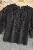 Women Blouses O-neck Puff Sleeve Crochet Floral Shirts Chic Hollow Out Blouse Lace Sweet Temperament Tops