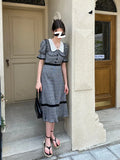 Summer Short Sleeve Lace Plaid Dress Woman French Elegant One Piece Dress Korean Casual Party Vintage Midi Dress Slim